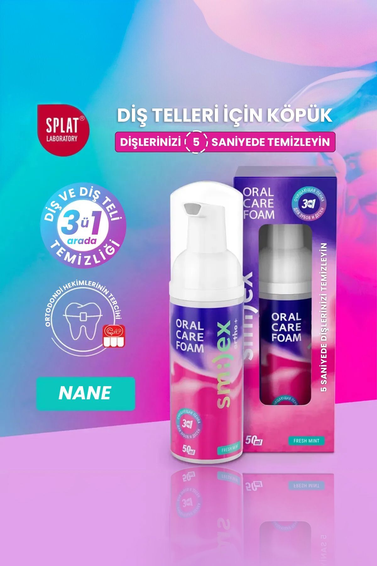 Diş Ve Diş Telleri Için Beyazlatıcı Ağız Temizleme Köpüğü Nane Aromalı 3'ü 1 Arada 50 ml